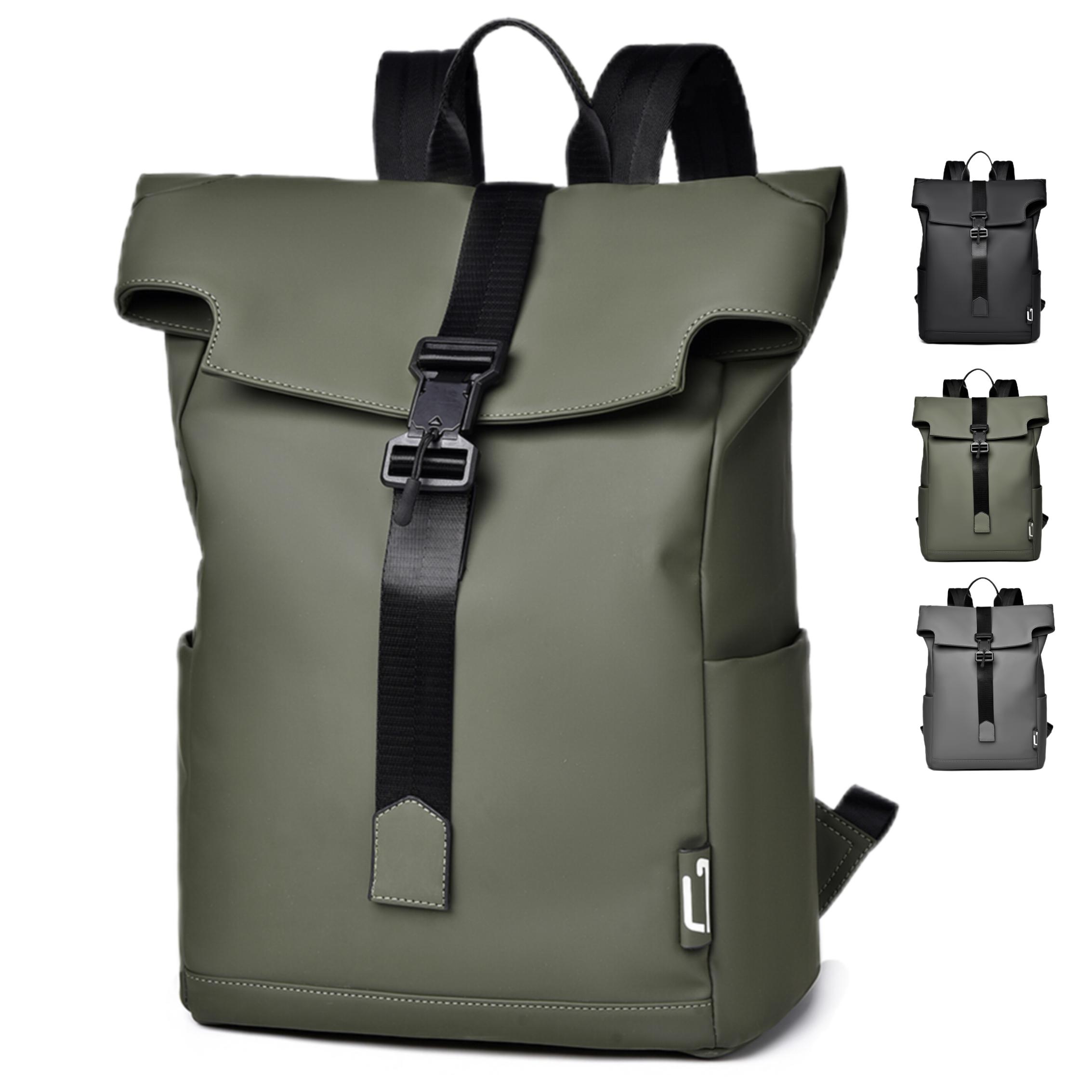 Trendy Unisex Large Roll Top Laptop Backpack Waterproof PU Polyester Lining Leisure Daily Use School College Students Teenagers