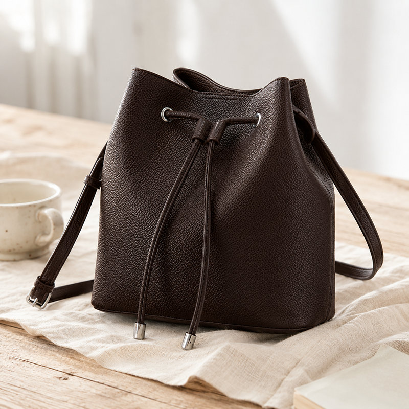 Genuine Leather Crossbody Bucket Bag for Women Drawstring Handbag Adjustable Strap Casual Shopping Lady Shoulder Bag Supplier