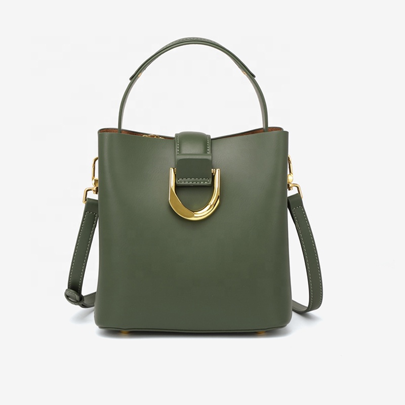 Trendy Cowhide Leather Handbags for Women Luxury Minimalist Crossbody Bucket Bag with Gold Hardware Lock Female Shoulder Tote
