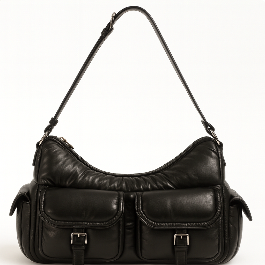 Women Black Soft Nylon Quilted Puffy Hobo Shoulder Bag Multi Pocket With Buckle Flap Pockets for Daily Commute Everyday Use