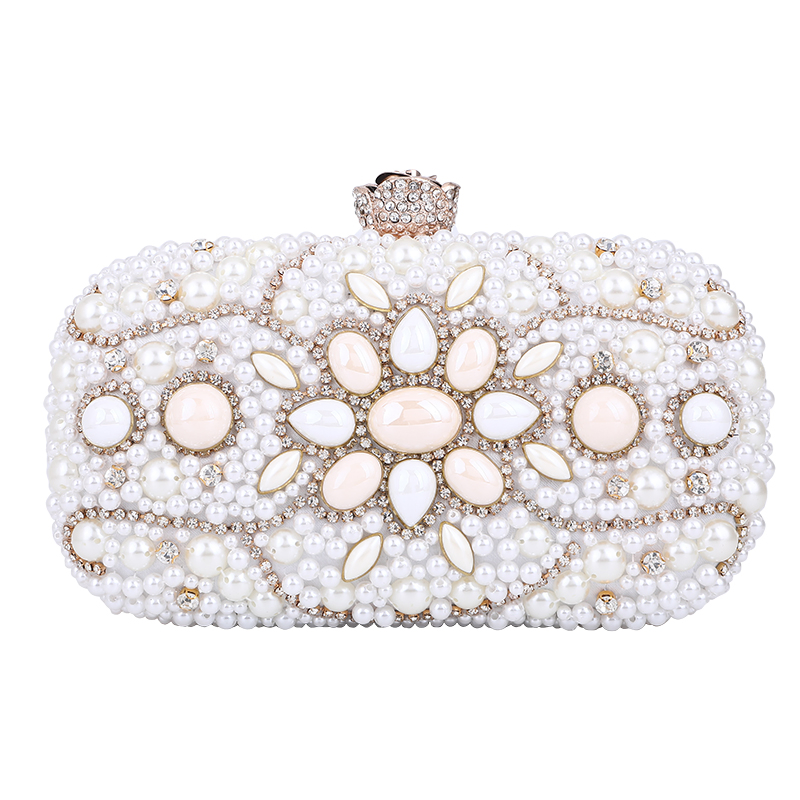 Women Crystal Pearls Clutch Purse Handbag Chain Wedding Evening Party Ladies Bag