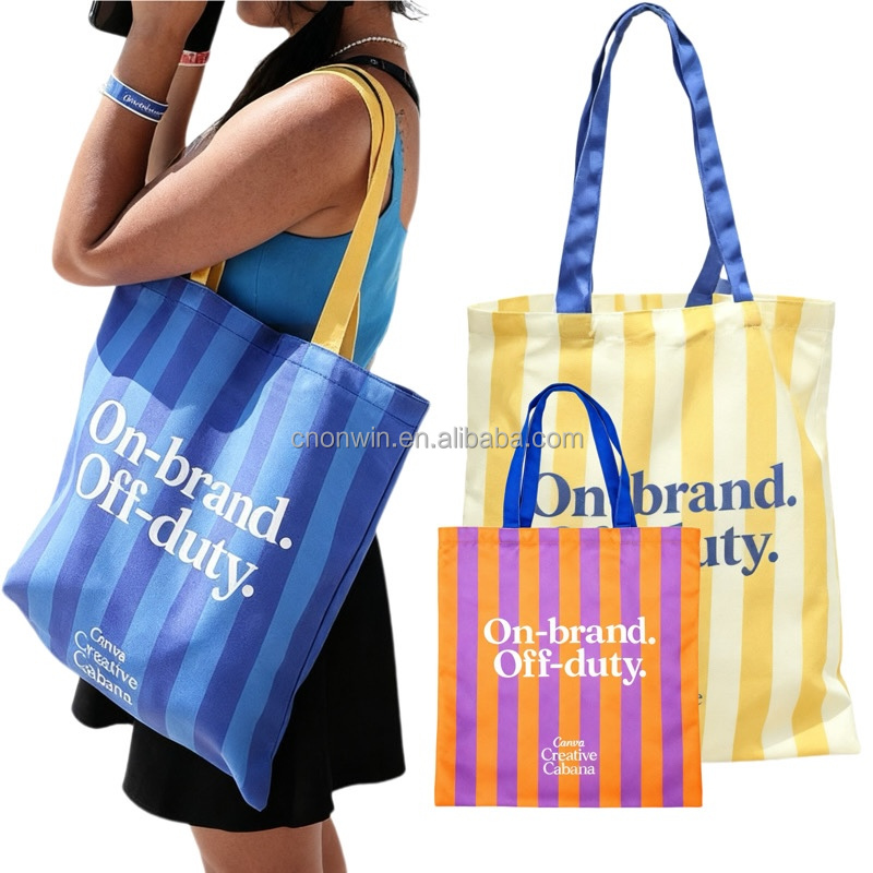 High-Vibe Coastal Cabana Stripes Canvas Tote Sandbar Sun-Safe Essentials Beach Goodie Bag Preppy Tropical Canvas Tote Bag
