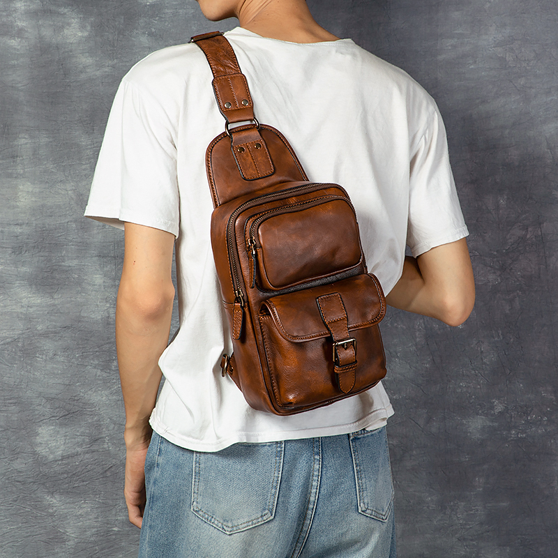Men's Vintage Fashion Sports Crossbody Shoulder Chest Bag Genuine Leather Vegetable Tanned Double Zipper Durable Large Capacity