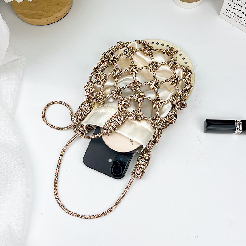French Style Gentle Flash Diamond Net Bag Handbag Handmade Woven Hollow Bucket Bag Celebrity Style Dinner Underarm Light