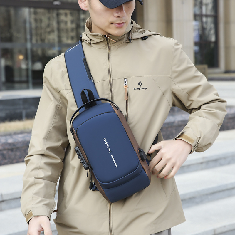 Large Capacity Waterproof Oxford Anti-Theft Lock Outdoor Sport Multifunction Men Crossbody Sling Chest Bag with USB