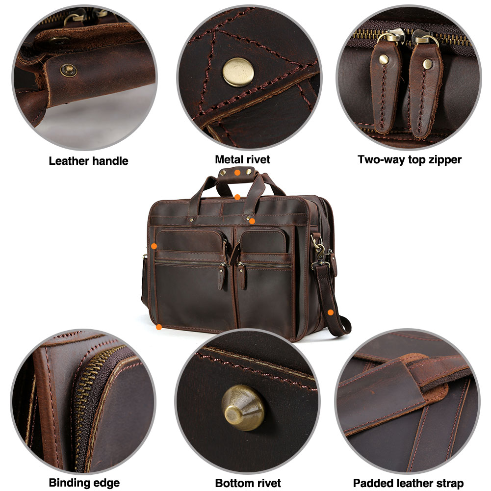 TIDING Hot Sell Large Capacity Vintage Light Brown Retro Crazy Horse Leather Messenger Bag Men's Laptop Briefcase Bag
