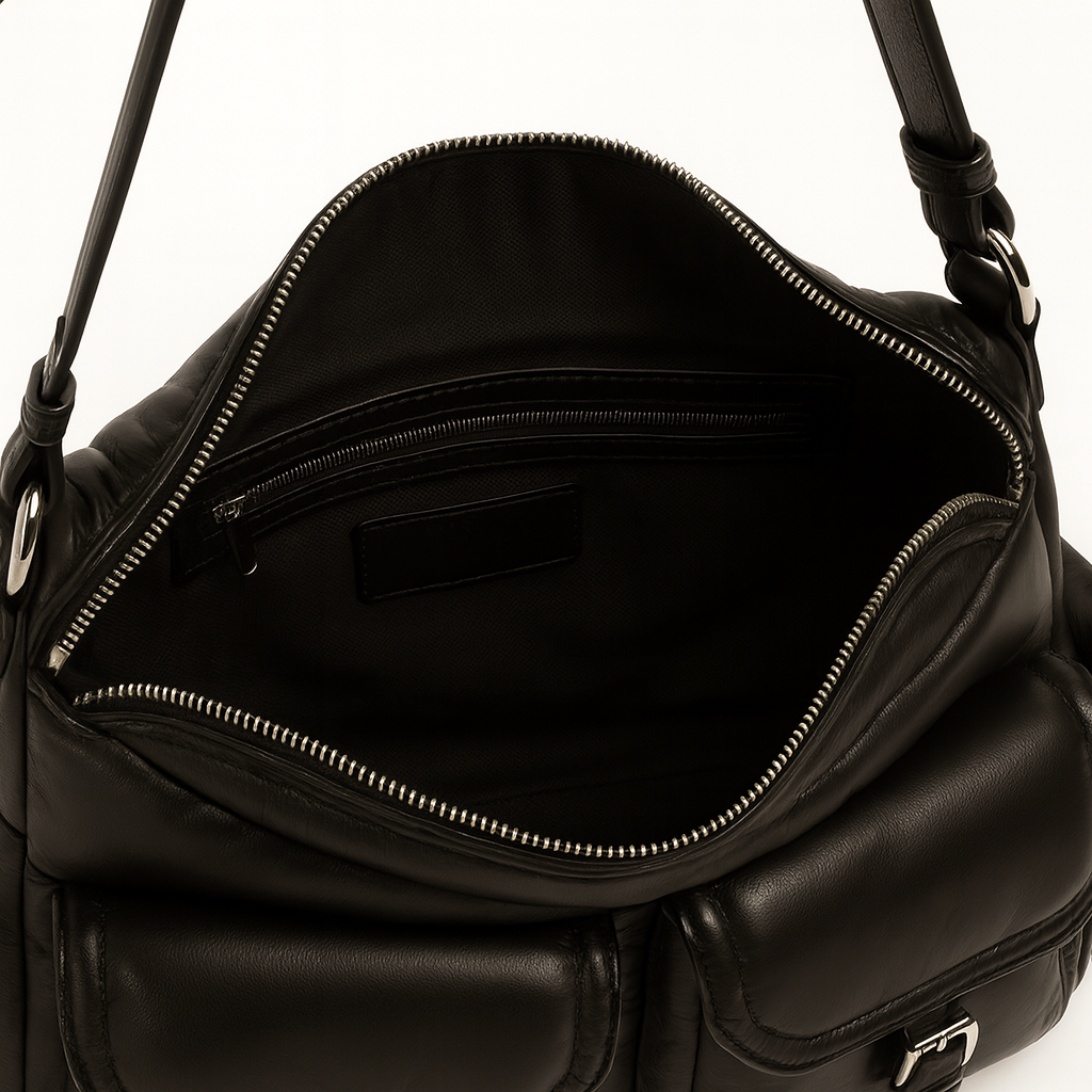 Women Black Soft Nylon Quilted Puffy Hobo Shoulder Bag Multi Pocket With Buckle Flap Pockets for Daily Commute Everyday Use