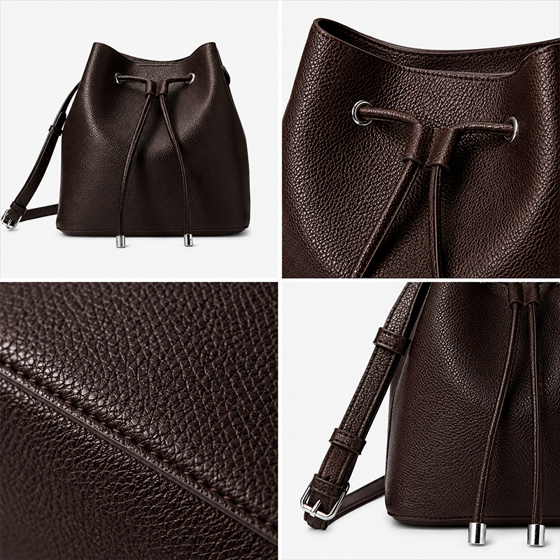 Genuine Leather Crossbody Bucket Bag for Women Drawstring Handbag Adjustable Strap Casual Shopping Lady Shoulder Bag Supplier