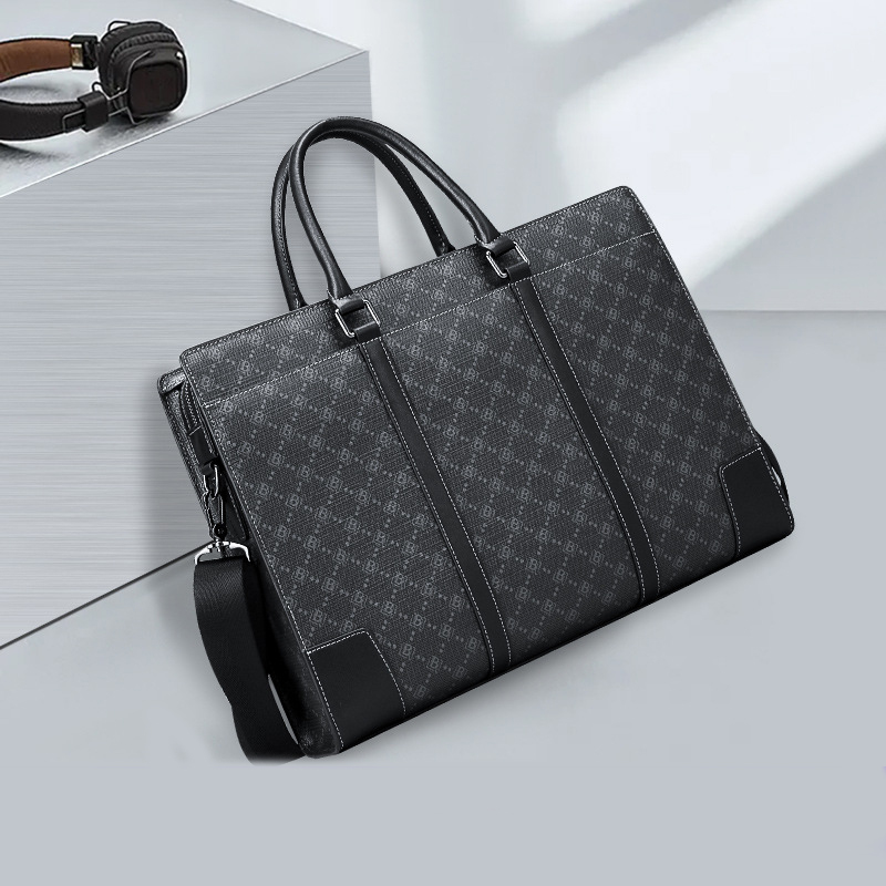 Luxury Design Full Embossed logo Business Laptop Computer Messenger Bags Black Genuine Real Leather Lawyer Briefcases for Men