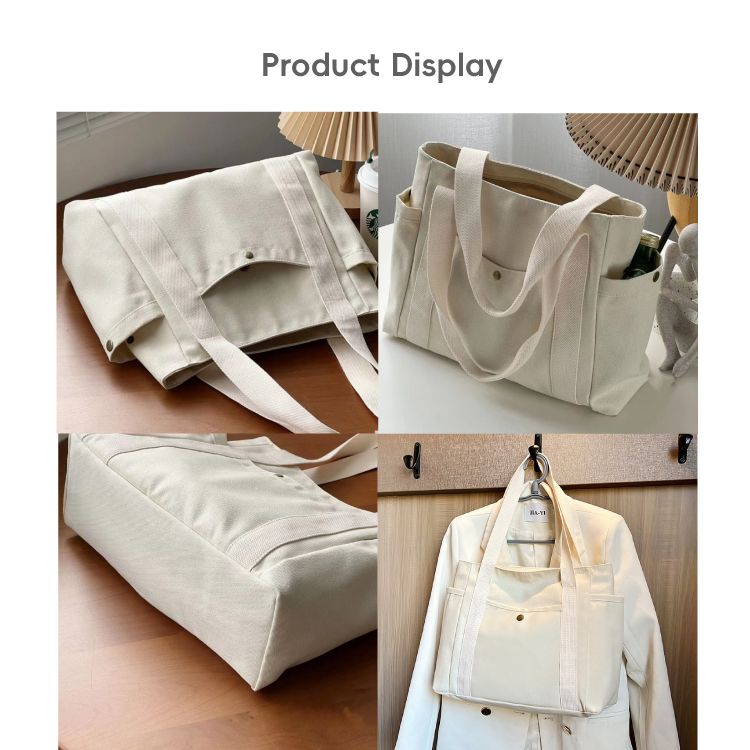 Soft Elegant Women's Custom Logo 16oz Cotton Tote Bag Canvas Shopping Bag With Pockets And Shoulder Strap Reusabele Foldable