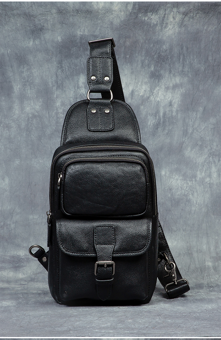 Men's Vintage Fashion Sports Crossbody Shoulder Chest Bag Genuine Leather Vegetable Tanned Double Zipper Durable Large Capacity