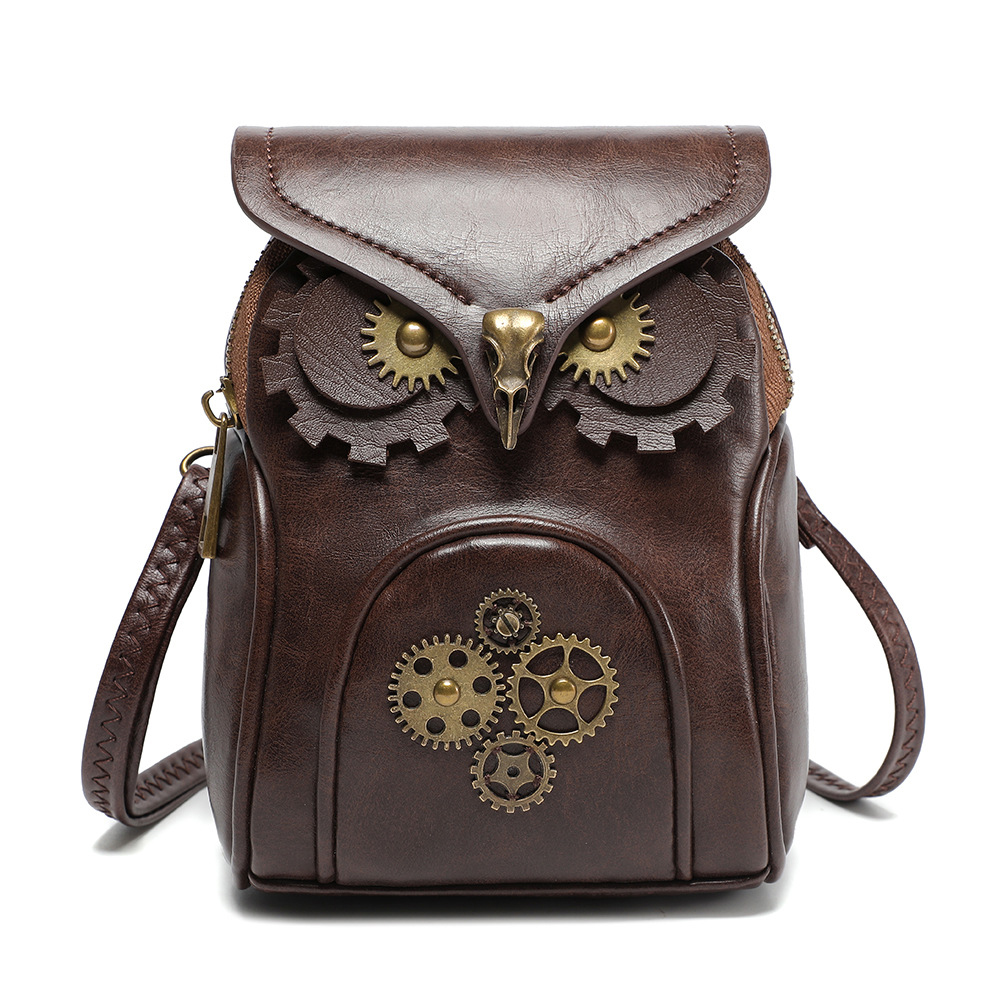 New Fashion Medieval Steampunk Women's Single Strap Zipper Closure Crossbody Bag-Creative Owl Mini Coin Purse Satchel