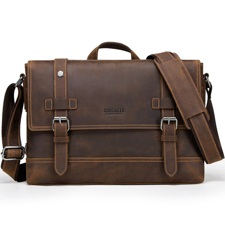 Contact's Drop Shipping Luxury Crazy Horse Leather Briefcase Men Satchel Laptop Genuine Leather Soft Bag Briefcase for 12 Inches