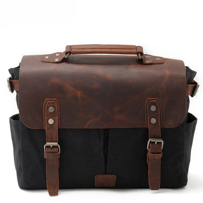 Retro Waxed Canvas with Crazy Horse Leather Crossbody Bag, Business Briefcase Handheld Crossbody Bag, Men's Fashion Shoulder Bag