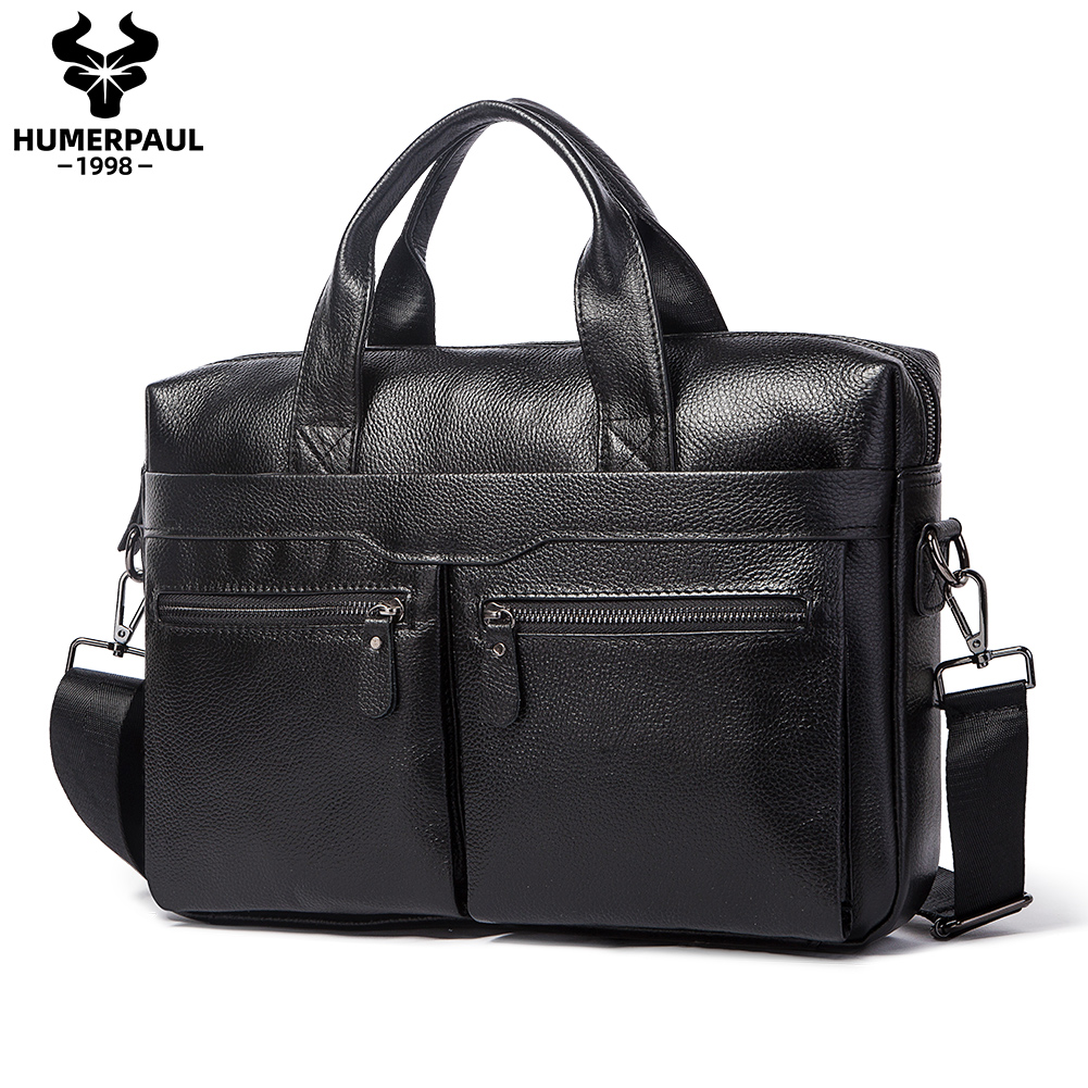 HUMERPAUL Genuine Leather Men's Crossbody Shoulder Bag Business Briefcase with Laptop Compartment High Quality Travel Handbag