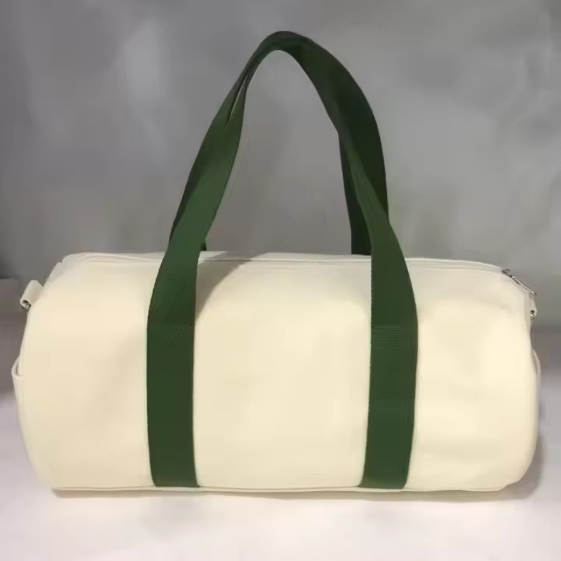 Custom Logo Canvas Fitness Tote Bag Designer Duffel Bag Green Webbing Strap Cream White Cylinder Handbag Sporty