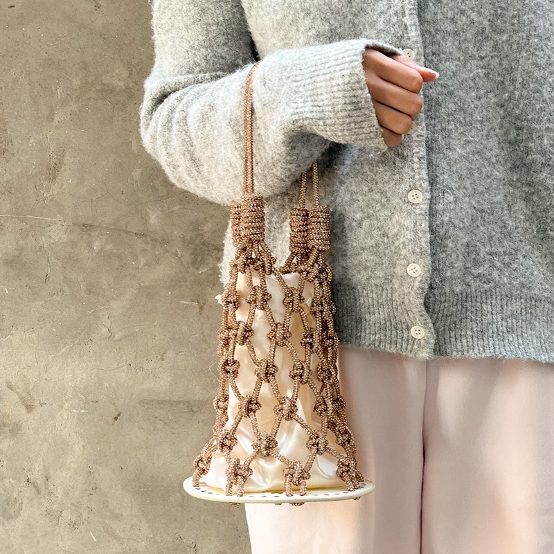 French Style Gentle Flash Diamond Net Bag Handbag Handmade Woven Hollow Bucket Bag Celebrity Style Dinner Underarm Light