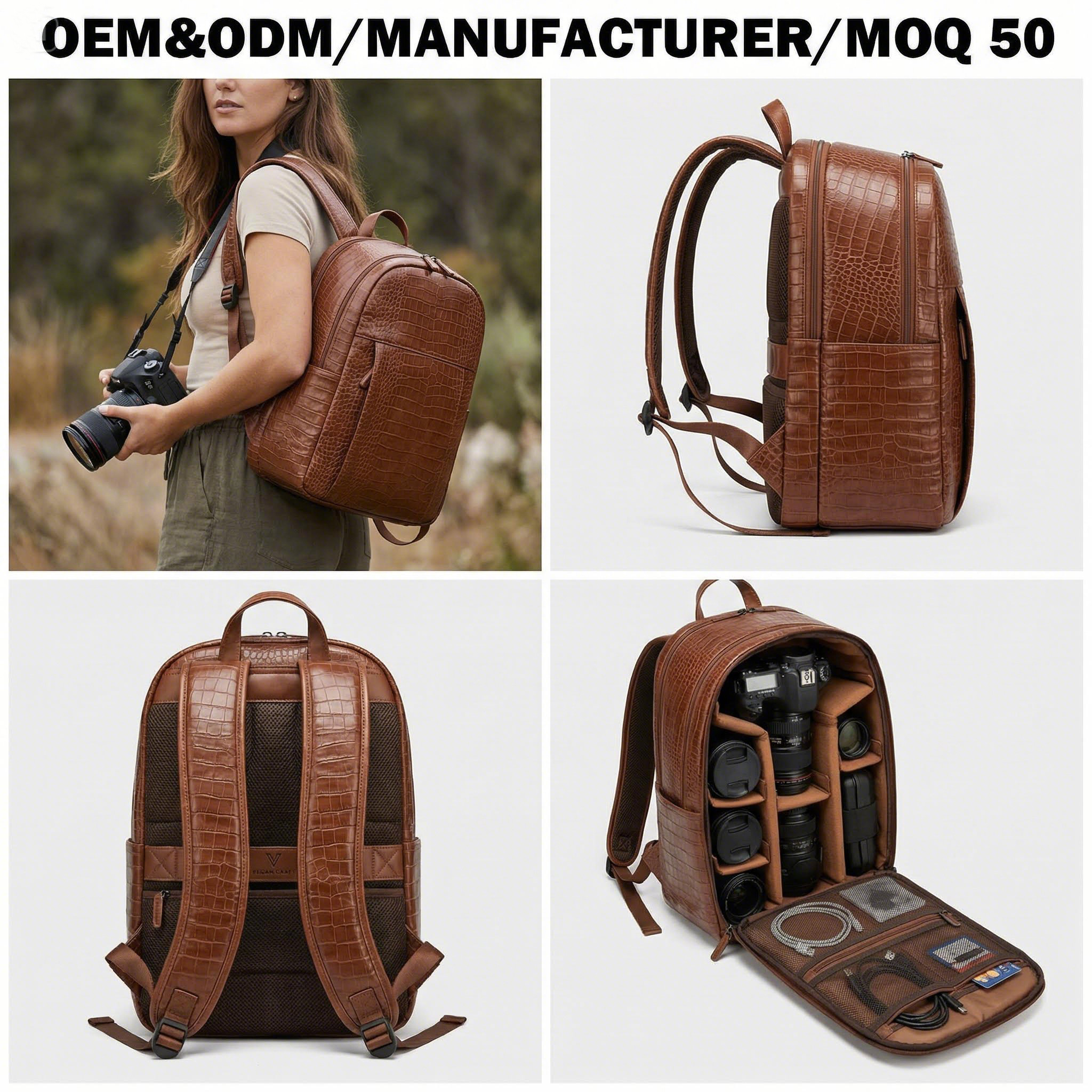 Manufacturer OEM Custom Logo Crocodile Texture Leather Shockproof Large Travel DSLR SLR Digital Gear Lens Camera Backpack