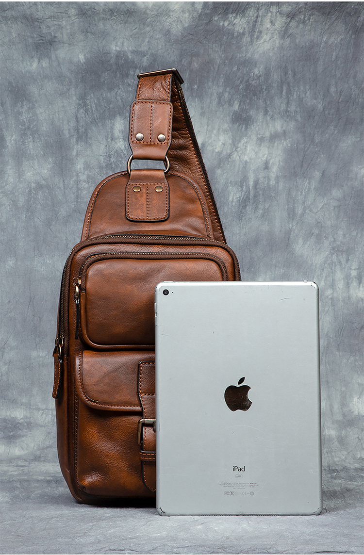 Men's Vintage Fashion Sports Crossbody Shoulder Chest Bag Genuine Leather Vegetable Tanned Double Zipper Durable Large Capacity