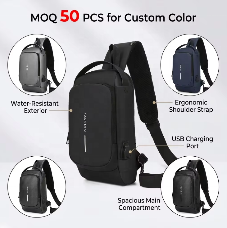 Small Order Custom Shoulder Bag Waterproof Chest Motorcycle Bike Sling Bag with Lock Custom Logo USB Anti Theft Crossbody Bag