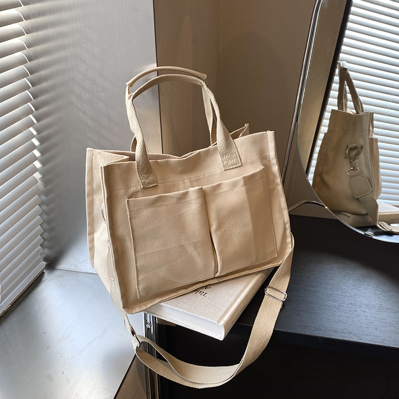 Huimei New Popular Splicing New Fashionable Broadband Crossbody Canvas Shopping Tote Bag Simple Hand-held Bucket Bag