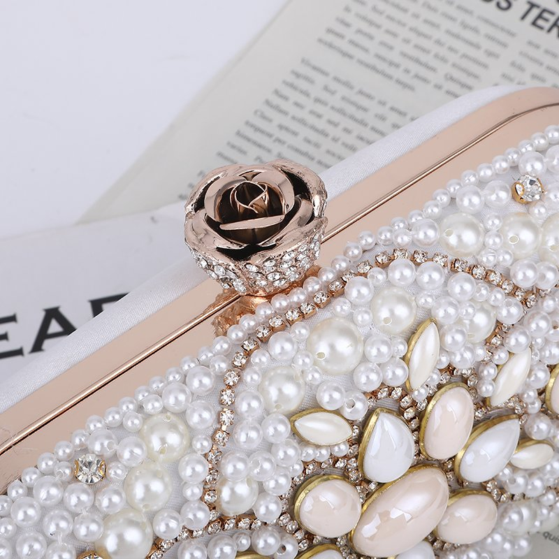Women Crystal Pearls Clutch Purse Handbag Chain Wedding Evening Party Ladies Bag