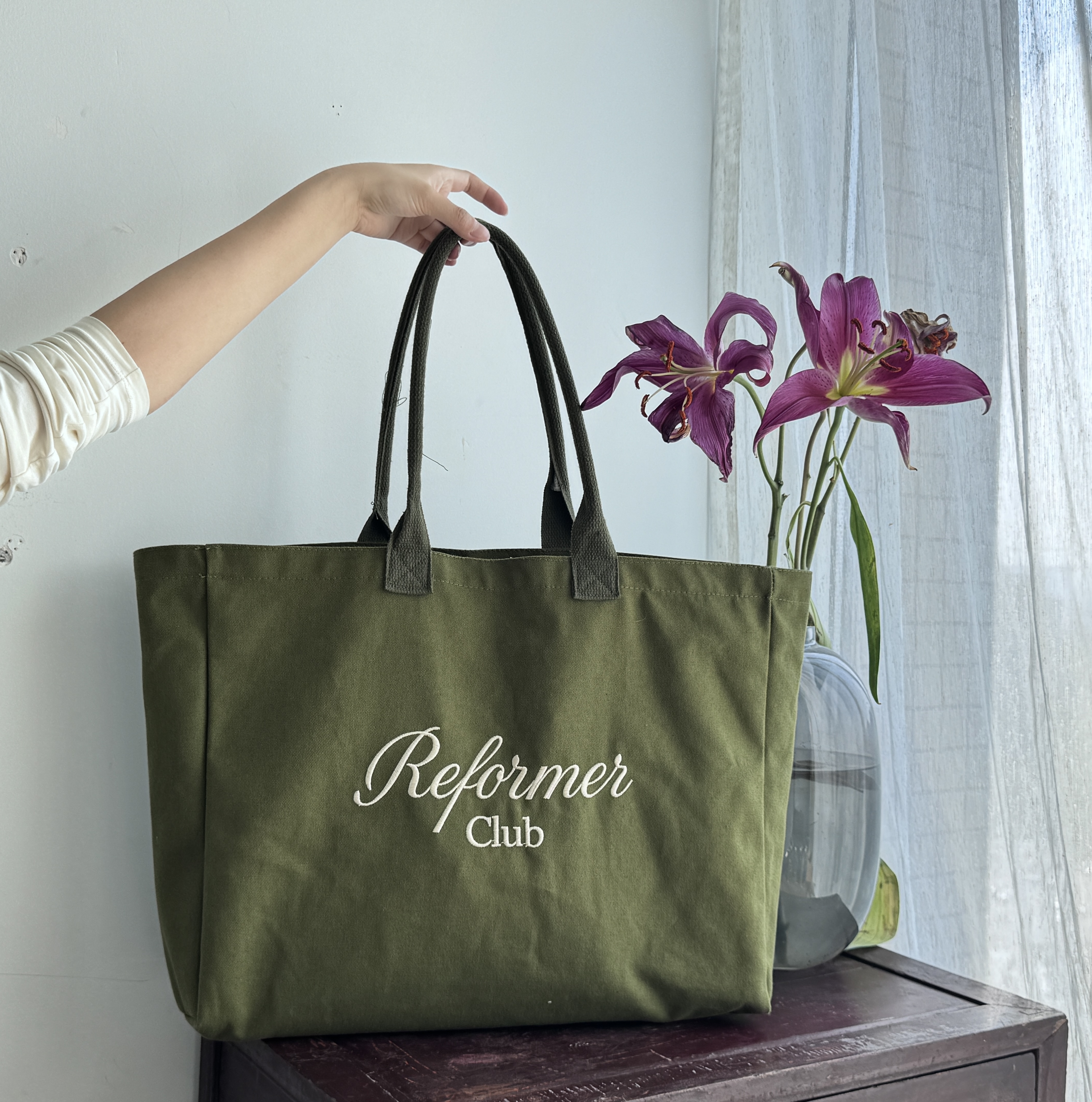 Custom Embroidery Canvas Tote Bag Large Capacity Cotton Shopping Bag Wide Strap Eco Friendly Reusable Grocery Beach Tote