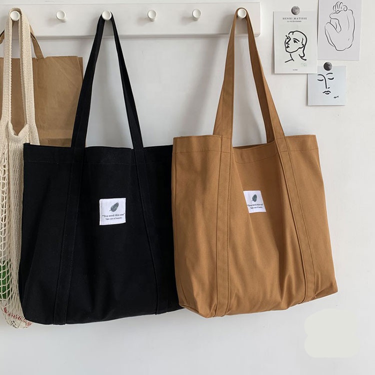 Hot Sale Custom Logo Retro Pure Color Blank Simple Single Shoulder Literary Artistic Cotton Canvas Shopping Tote Bag
