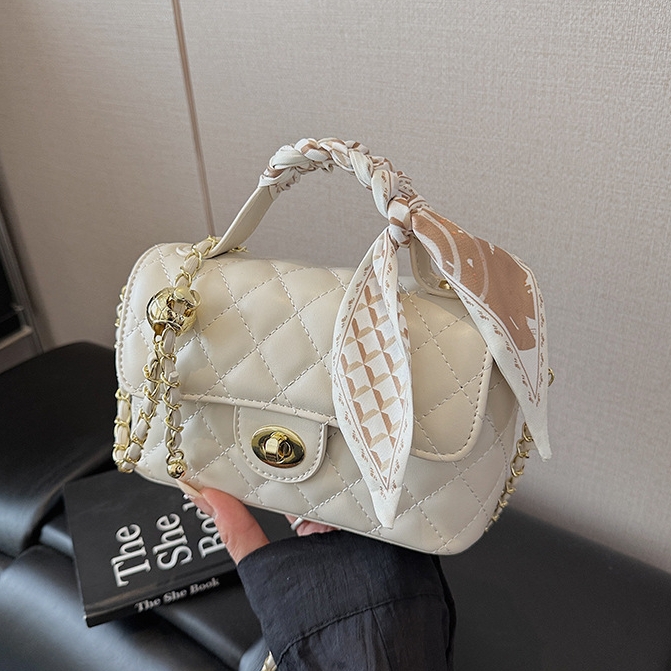 Women's Quilted Pu Crossbody Bag, Mini Chain Shoulder Bag with Silk Scarf Handle, Turn Lock Satchel Purse for Daily Use