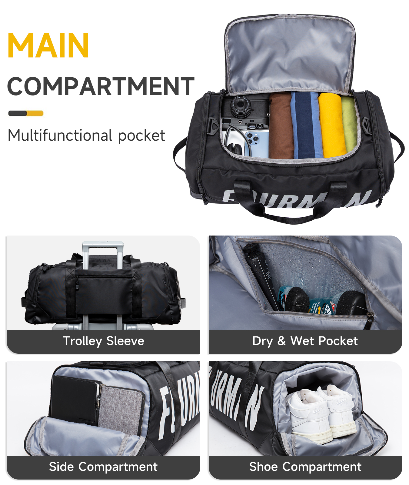 FOURMAN Fashion Unisex Waterproof Oxford Duffle Bag with Zipper Closure and Backpack Straps for Gym Sports Travel