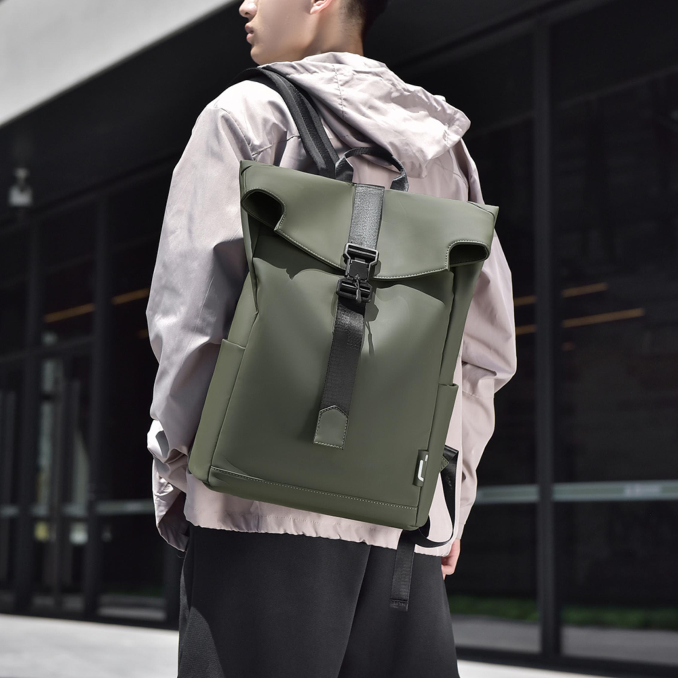 Trendy Unisex Large Roll Top Laptop Backpack Waterproof PU Polyester Lining Leisure Daily Use School College Students Teenagers