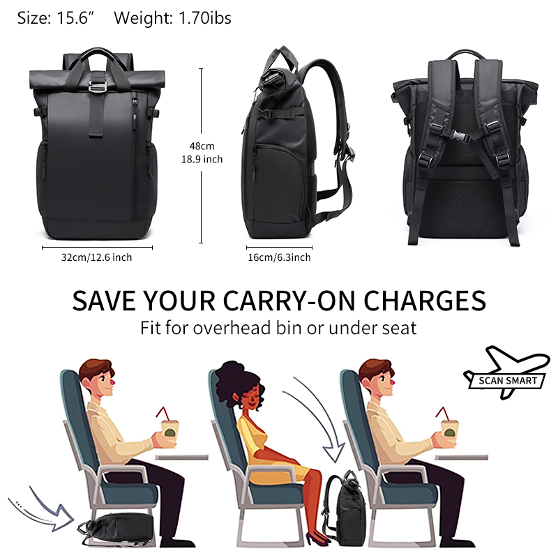 Ergonomic Unisex Black Nylon Business Travel Laptop Backpack 17-Inch Waterproof Design Polyester Lining Air Cushion Straps