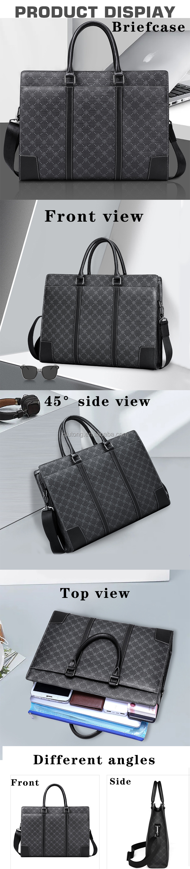 Luxury Design Full Embossed logo Business Laptop Computer Messenger Bags Black Genuine Real Leather Lawyer Briefcases for Men