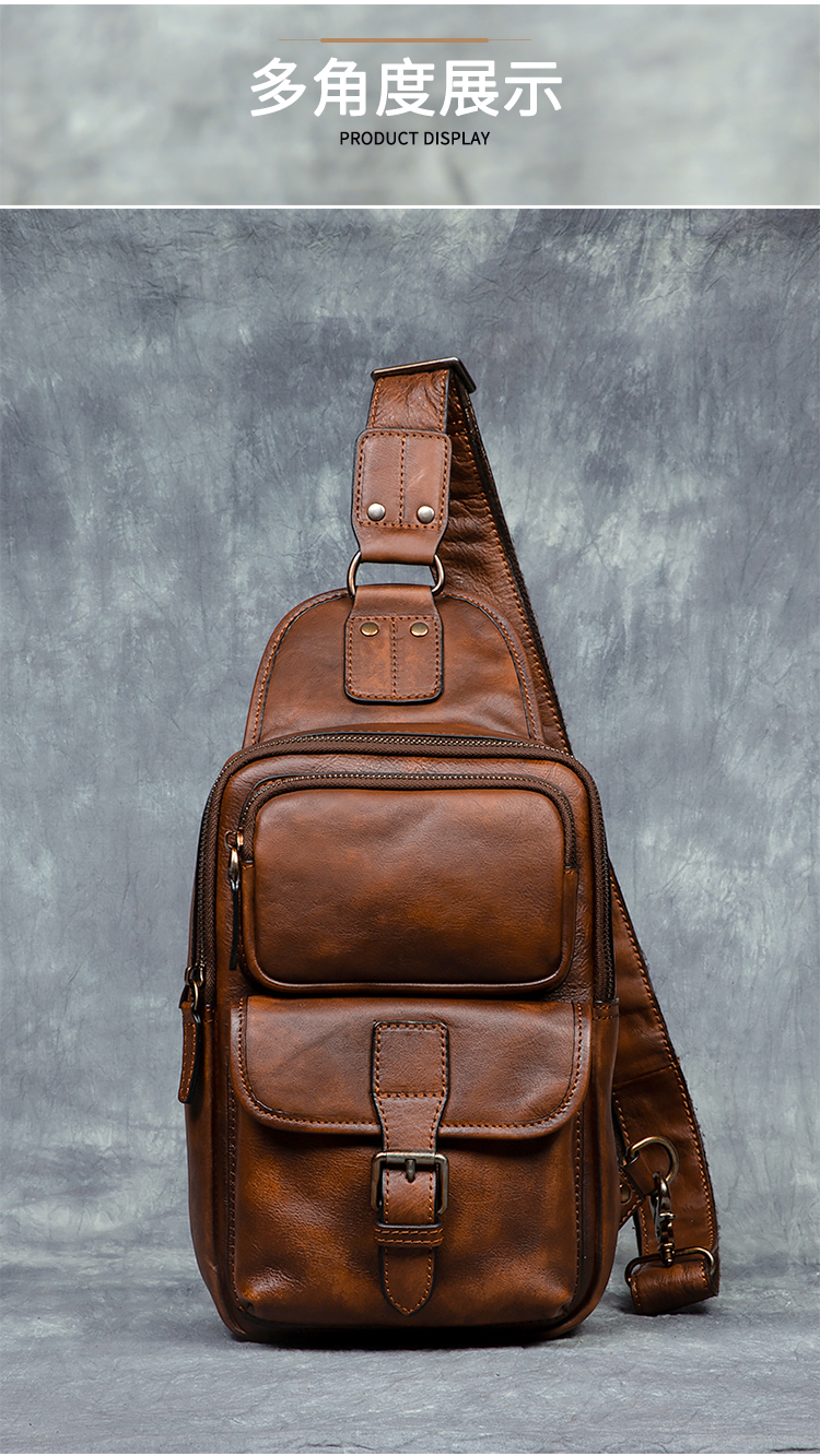 Men's Vintage Fashion Sports Crossbody Shoulder Chest Bag Genuine Leather Vegetable Tanned Double Zipper Durable Large Capacity