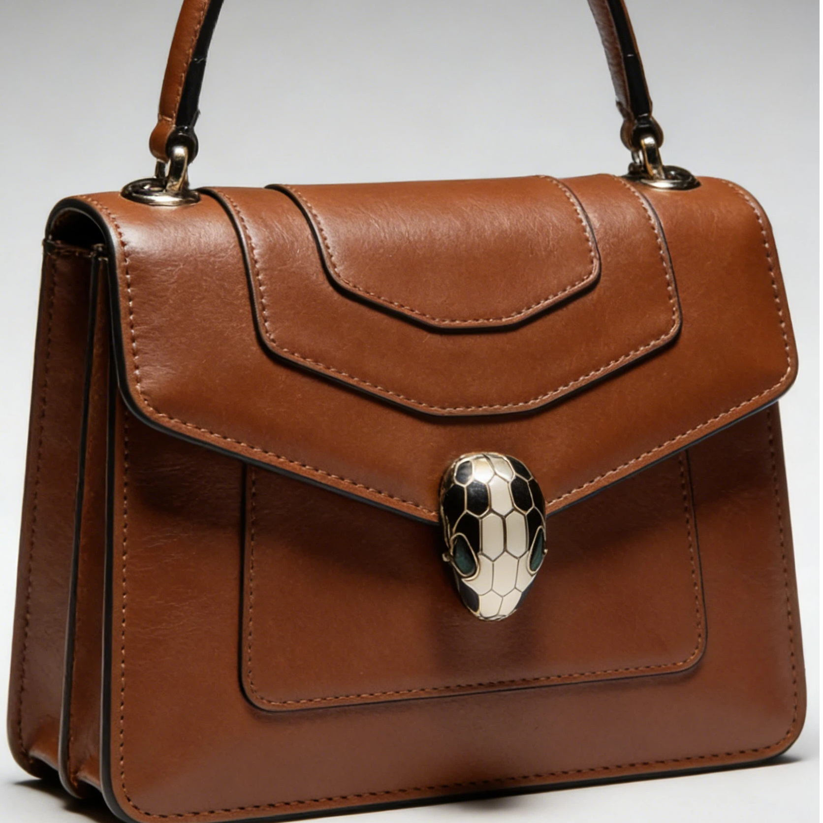Factory Direct Premium Leather Women's Retro Structured Satchel Bag Elegant Snake-Emblem Lock Top Handle Purse