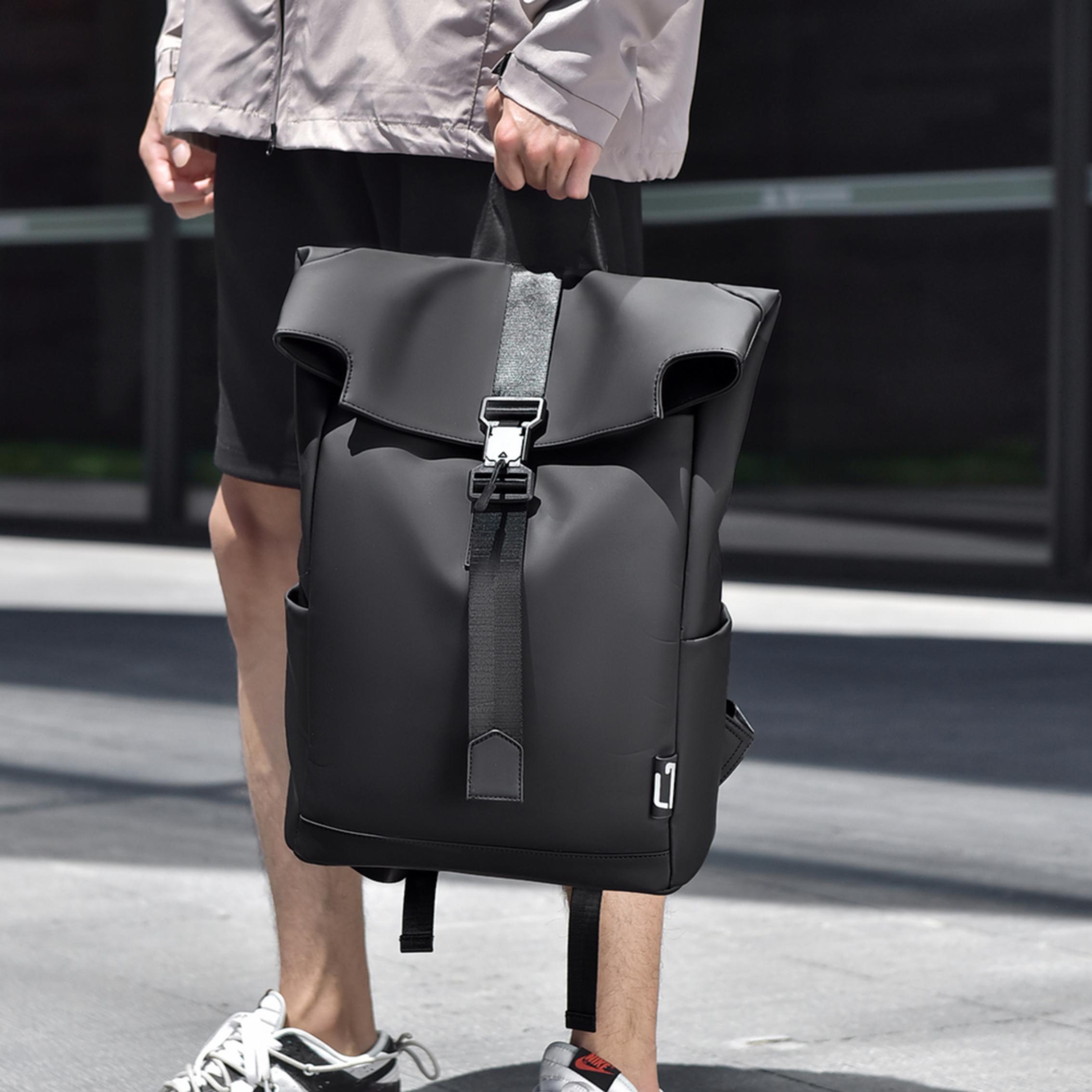 Trendy Unisex Large Roll Top Laptop Backpack Waterproof PU Polyester Lining Leisure Daily Use School College Students Teenagers