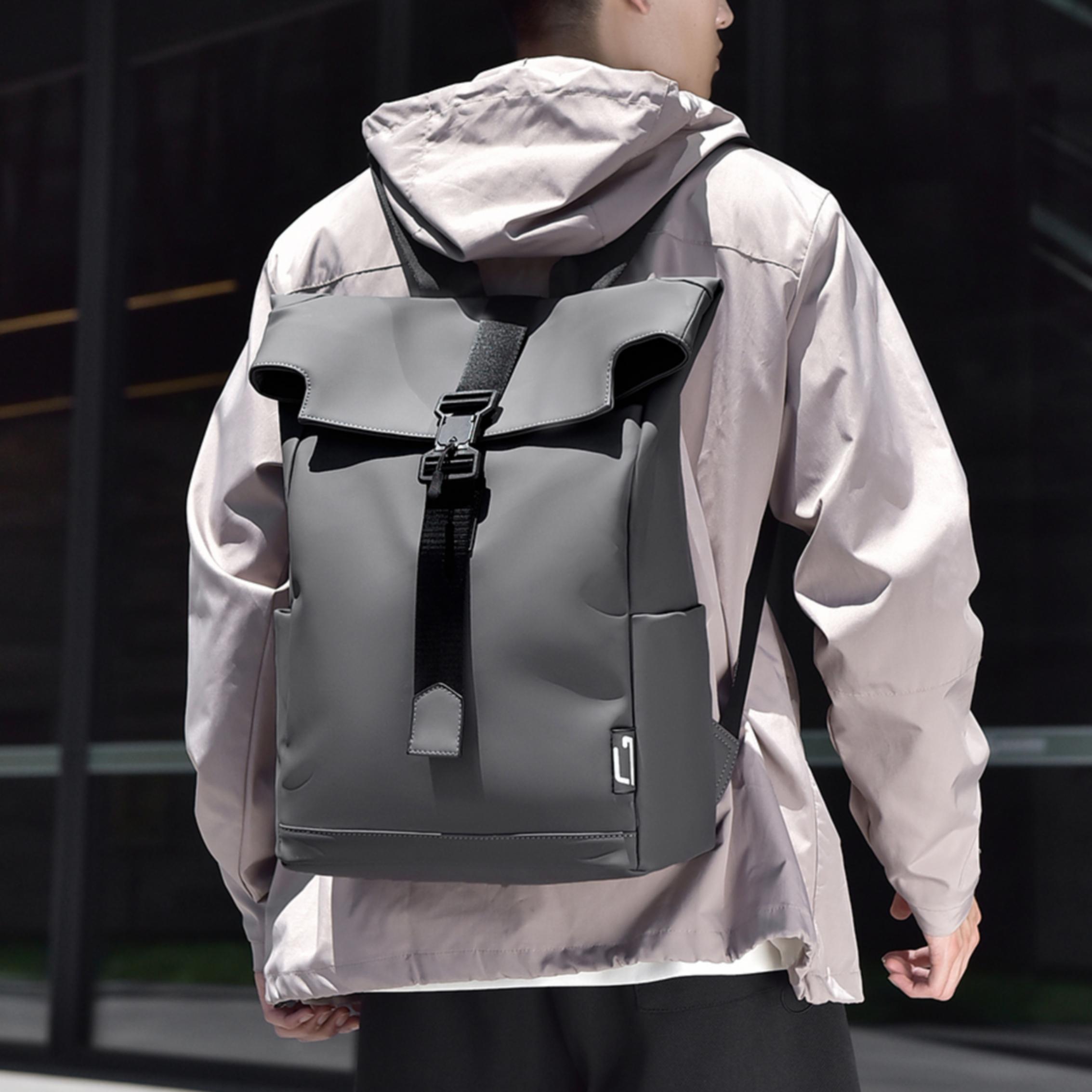 Trendy Unisex Large Roll Top Laptop Backpack Waterproof PU Polyester Lining Leisure Daily Use School College Students Teenagers
