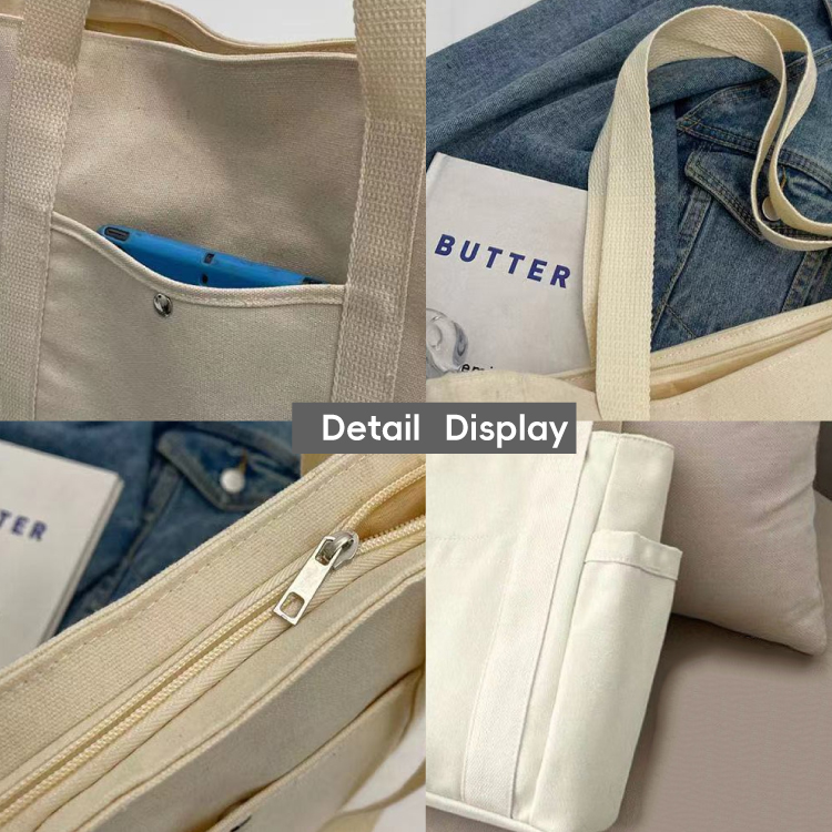 Soft Elegant Women's Custom Logo 16oz Cotton Tote Bag Canvas Shopping Bag With Pockets And Shoulder Strap Reusabele Foldable