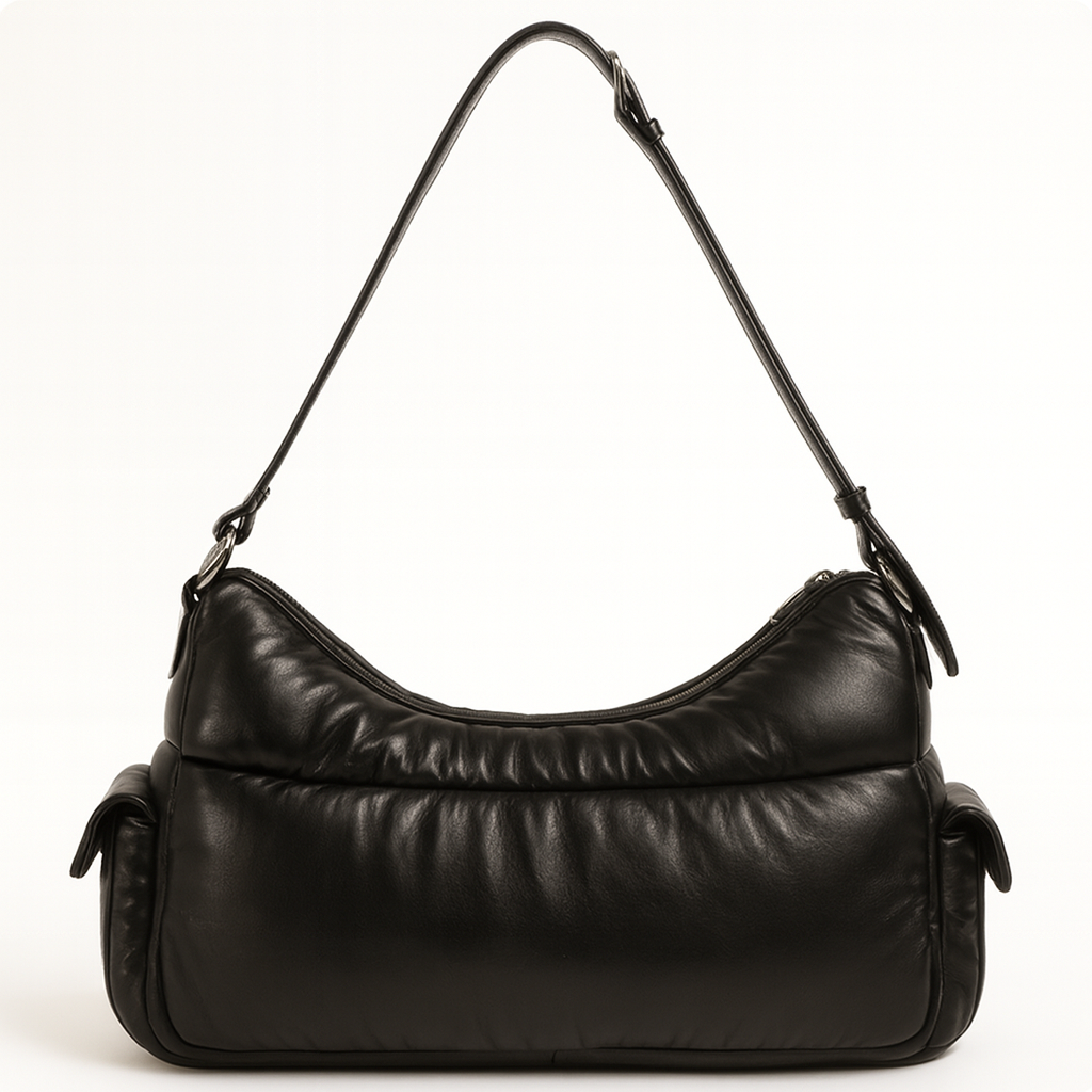 Women Black Soft Nylon Quilted Puffy Hobo Shoulder Bag Multi Pocket With Buckle Flap Pockets for Daily Commute Everyday Use
