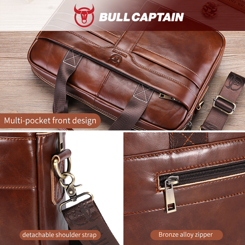BULLCAPTAIN Men'S Leather Briefcase Large Capacity Multi-functional Casual One-shoulder Messenger Bag Laptop Bag