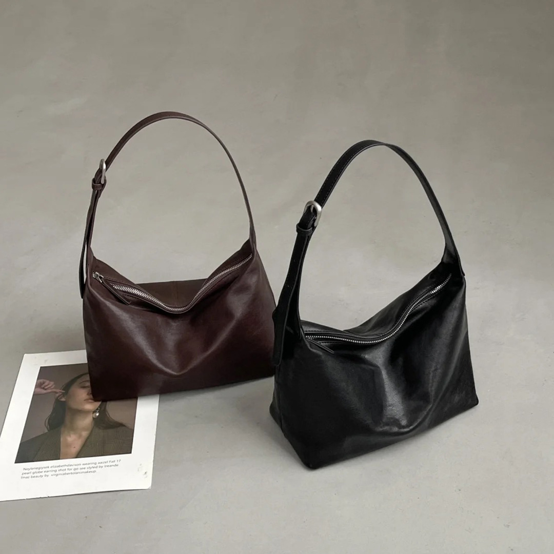 New Large Capacity Genuine Cowhide Hobo Tote Bag for Women Zip Vegetable Tanned First Layer Armpit Crossbody Bag Dumpling