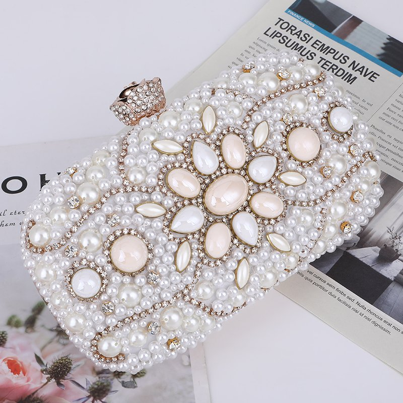 Women Crystal Pearls Clutch Purse Handbag Chain Wedding Evening Party Ladies Bag