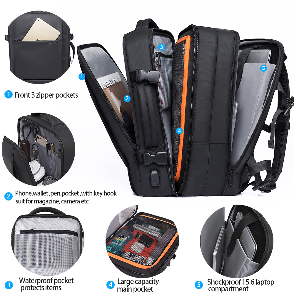 BANGE Factory Hot Sell Expandable Usb Waterproof Wholesale Men Mochila Laptop Bag Custom School Men Travel Laptop Backpack