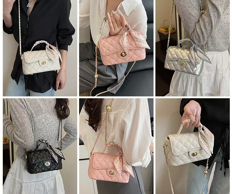 Women's Quilted Pu Crossbody Bag, Mini Chain Shoulder Bag with Silk Scarf Handle, Turn Lock Satchel Purse for Daily Use