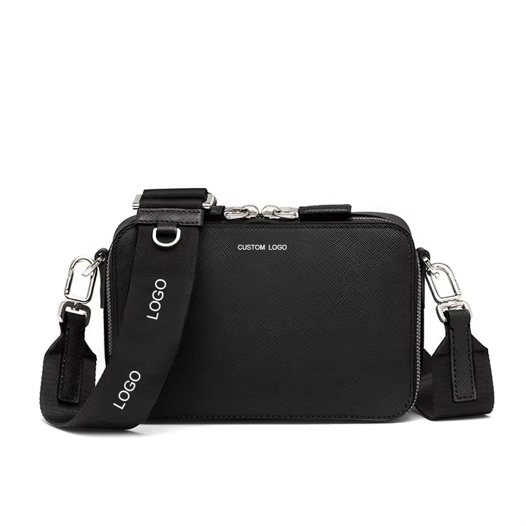 Custom Logo Black PU Saffinao Leather Casual Men Mini Crossbody Sling Sports Bagpack Shoulder Letter Messenger Bags