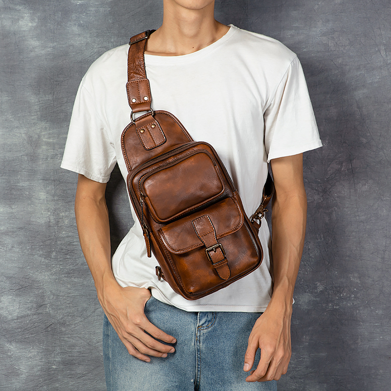 Men's Vintage Fashion Sports Crossbody Shoulder Chest Bag Genuine Leather Vegetable Tanned Double Zipper Durable Large Capacity