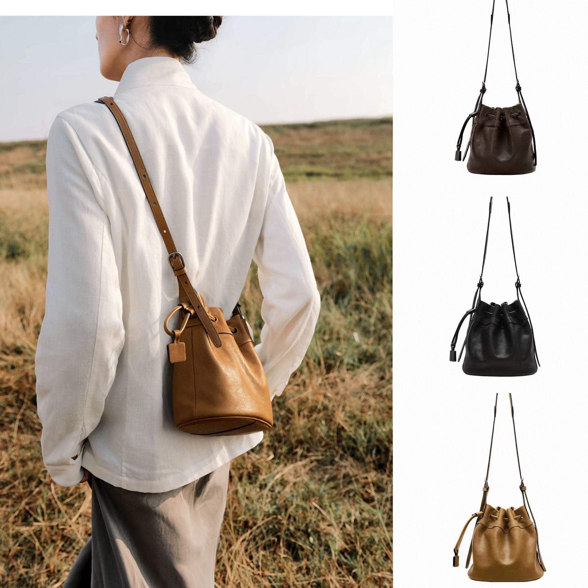 Qiu PU Yunshu Small Bucket Bag Retro Simple All-match Single Shoulder Crossbody Drawstring Solid-color Stitching
