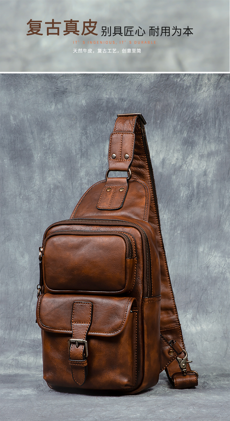 Men's Vintage Fashion Sports Crossbody Shoulder Chest Bag Genuine Leather Vegetable Tanned Double Zipper Durable Large Capacity