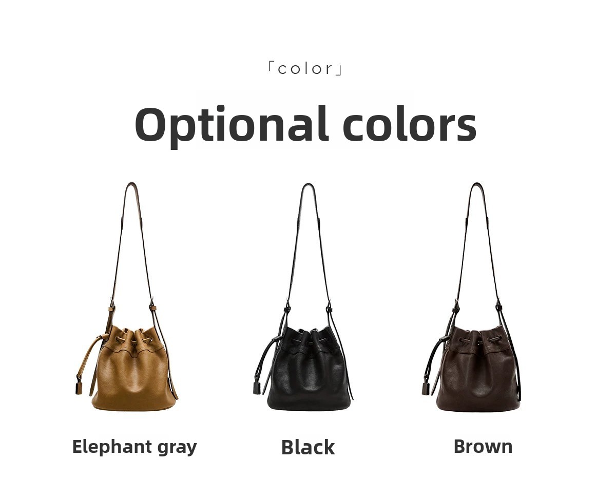 Qiu PU Yunshu Small Bucket Bag Retro Simple All-match Single Shoulder Crossbody Drawstring Solid-color Stitching