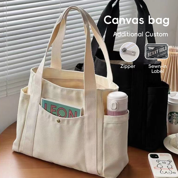 Soft Elegant Women's Custom Logo 16oz Cotton Tote Bag Canvas Shopping Bag With Pockets And Shoulder Strap Reusabele Foldable